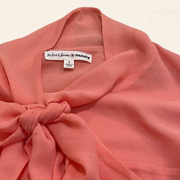 For Love & Lemons Joana Crop Top Coral | Ruffle Bell Sleeve Tie Neck, S, $229 - Picture 9 of 12